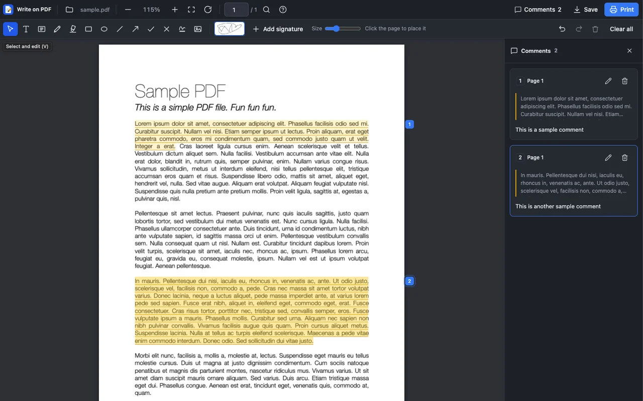 Write on PDF extension showing highlighted passages, two comments linked to the text, and the annotation toolbar.